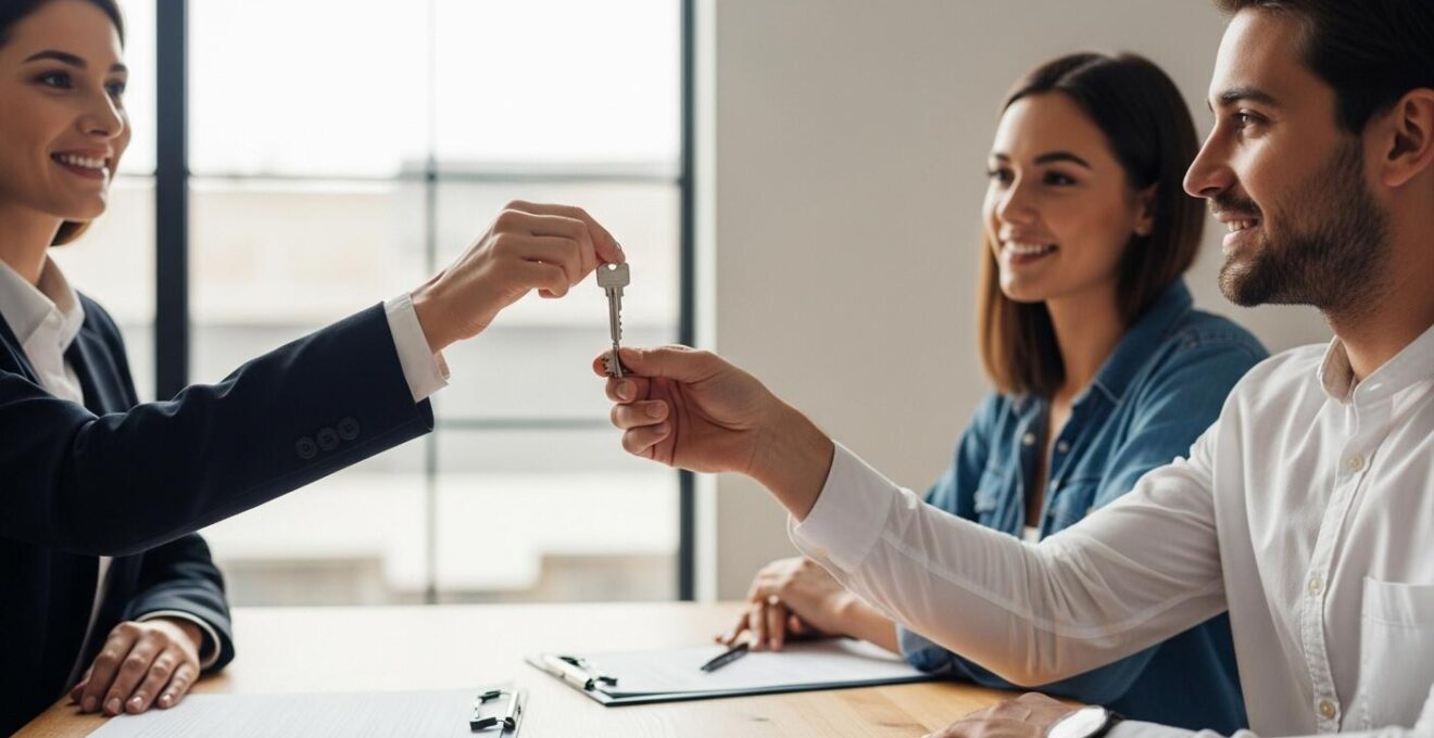 Un notaire tendant symboliquement une clé de maison à un couple lors de la remise officielle, ambiance de confiance dans un bureau lumineux.