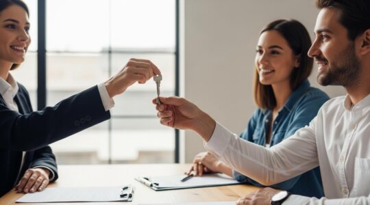 Un notaire tendant symboliquement une clé de maison à un couple lors de la remise officielle, ambiance de confiance dans un bureau lumineux.
