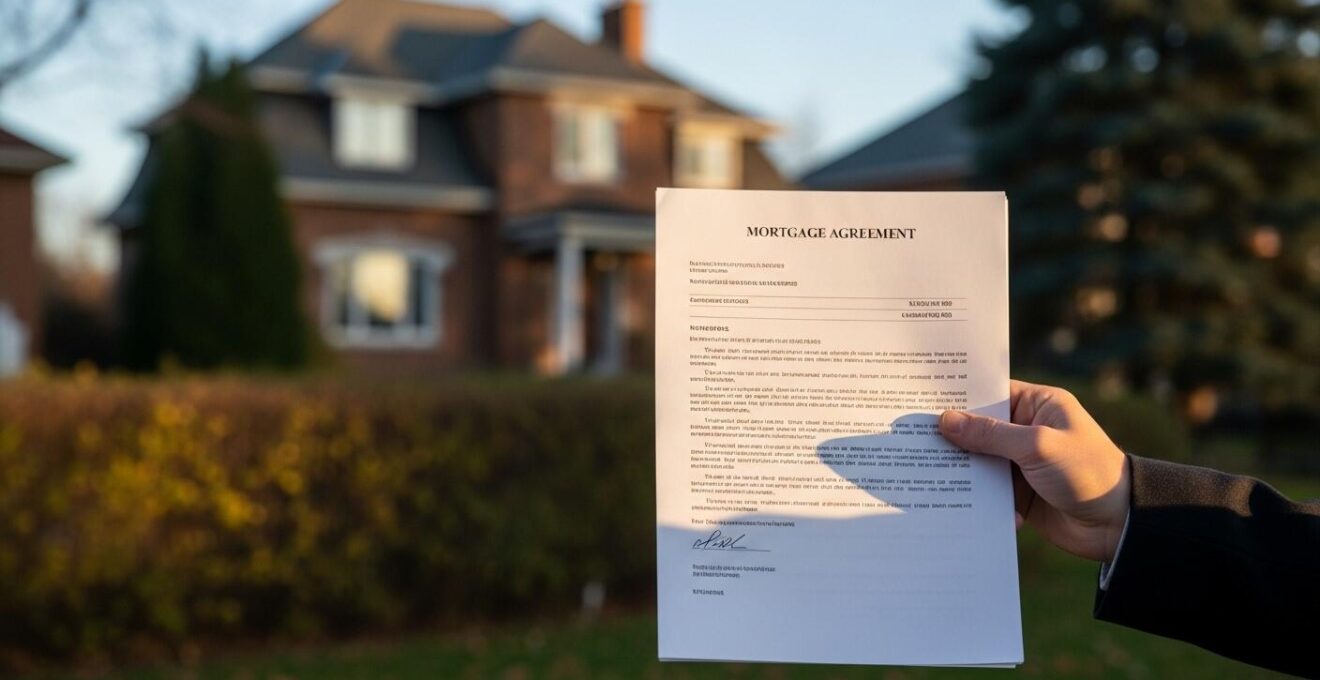 Main serrant un contrat de prêt hypothécaire avec un fond de maison résidentielle au Québec