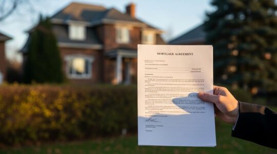 Main serrant un contrat de prêt hypothécaire avec un fond de maison résidentielle au Québec
