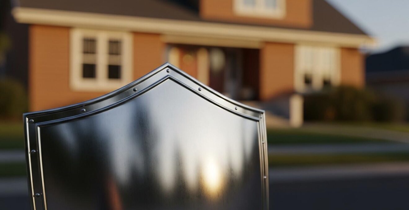 Photo symbolique d’un bouclier métallique posé devant une maison résidentielle, illustrant la protection offerte par les conditions d’une offre d’achat immobilière