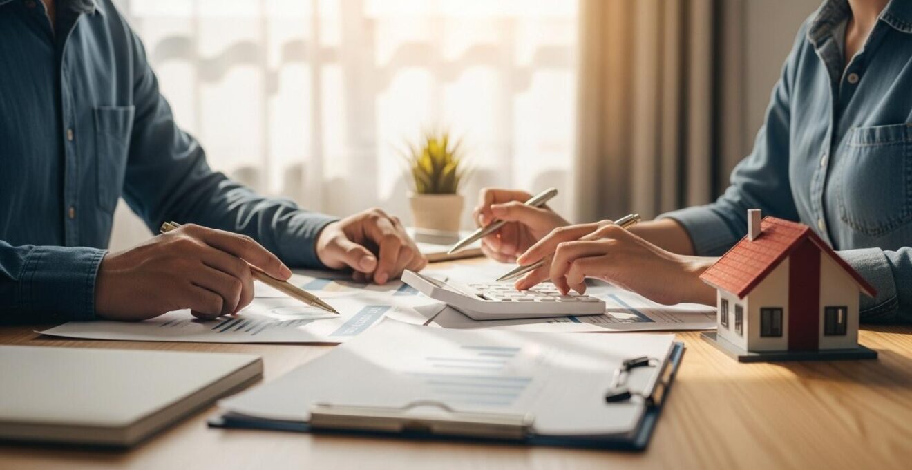 Photographie réaliste d'un couple préparant leur budget immobilier avec des documents, une calculatrice et une maison en miniature sur une table