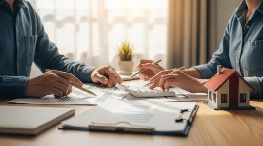 Photographie réaliste d'un couple préparant leur budget immobilier avec des documents, une calculatrice et une maison en miniature sur une table