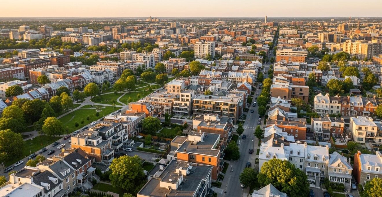 Photographie aérienne en lumière naturelle montrant un quartier résidentiel diversifié de Québec avec parcs et rues bordées d'arbres