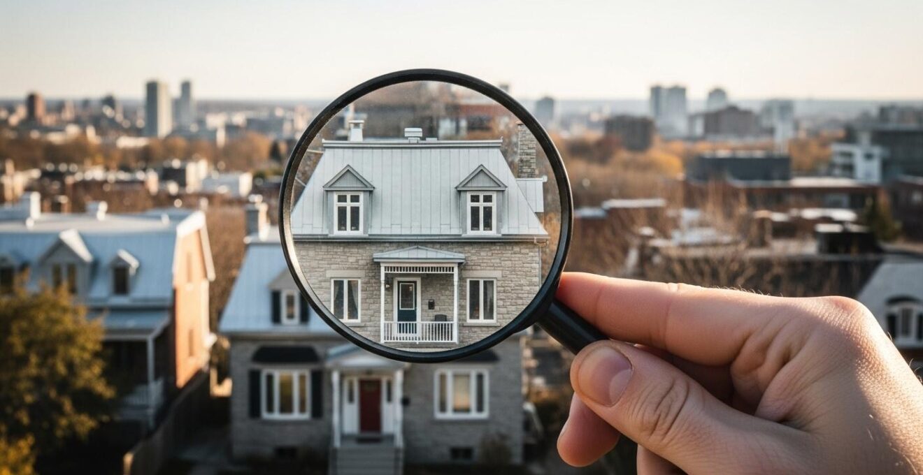 Photographie réaliste d'une ville québécoise avec une main tenant une loupe sur une maison, symbolisant la recherche de biens immobiliers rares