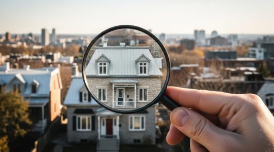 Photographie réaliste d'une ville québécoise avec une main tenant une loupe sur une maison, symbolisant la recherche de biens immobiliers rares