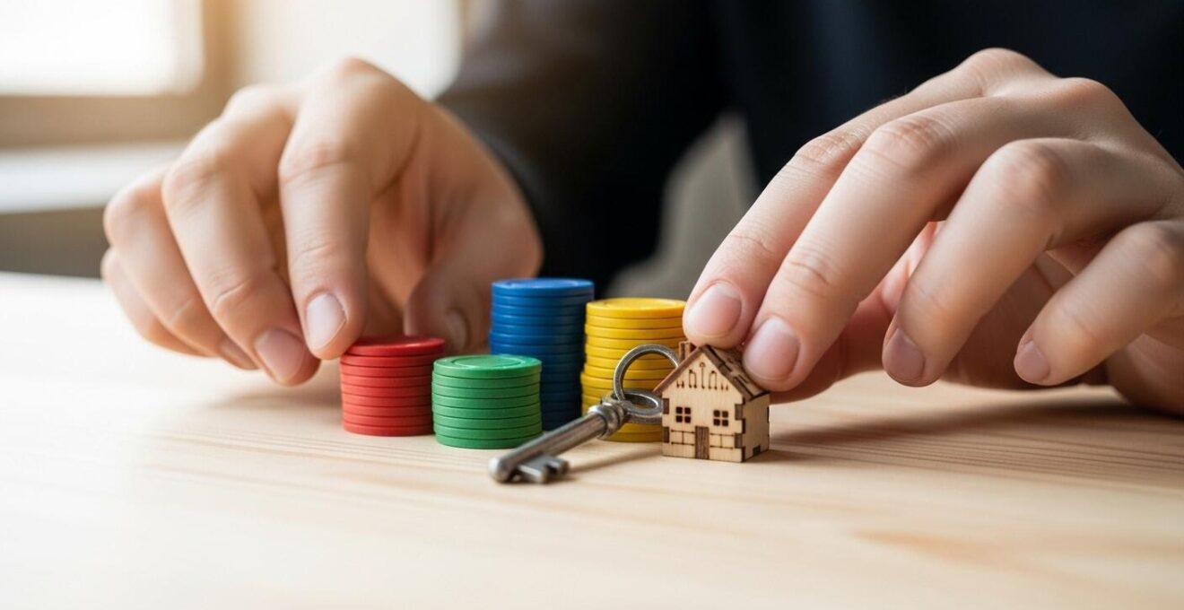 Gros plan sur des mains alignant des jetons colorés et des clés sur une table en bois, symbolisant la planification financière.