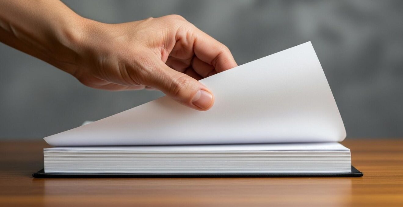Une main tourne lentement la page d'un important dossier légal sur une table en bois.