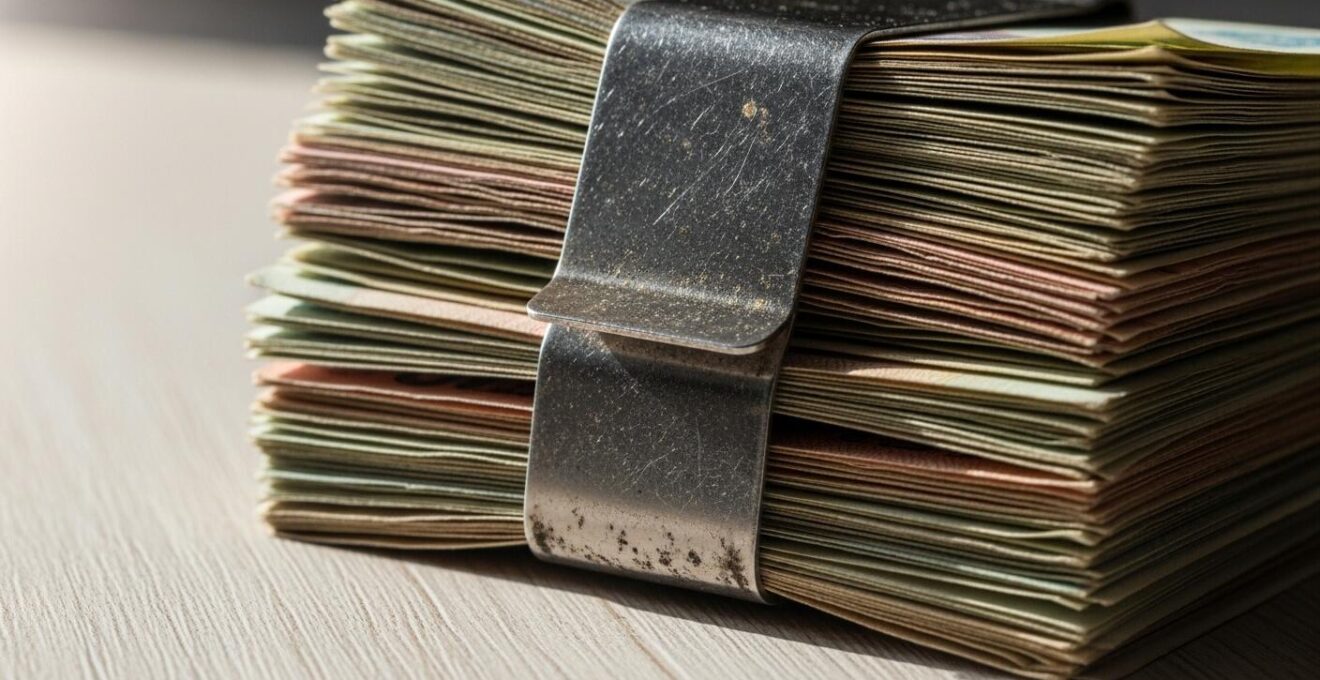 Vue macro d'une pile de factures prises dans une pince à billets, posée sur une table en bois clair