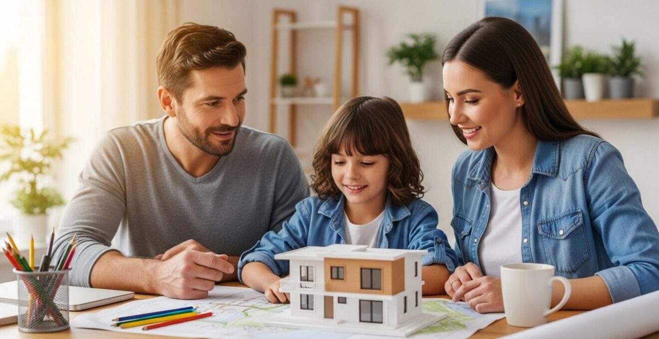 Famille québécoise examinant ensemble une maquette de maison sur une table en bois dans une pièce lumineuse