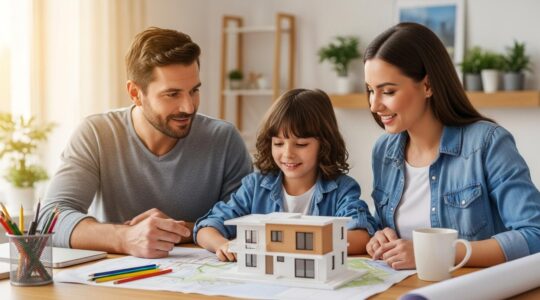Famille québécoise examinant ensemble une maquette de maison sur une table en bois dans une pièce lumineuse