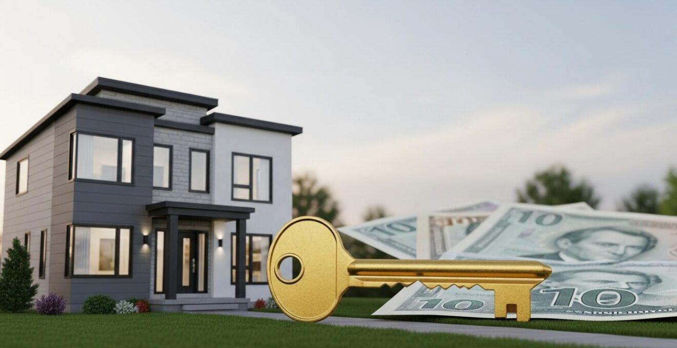 Maison québécoise moderne avec symbole de clé et billets de banque flou en arrière-plan