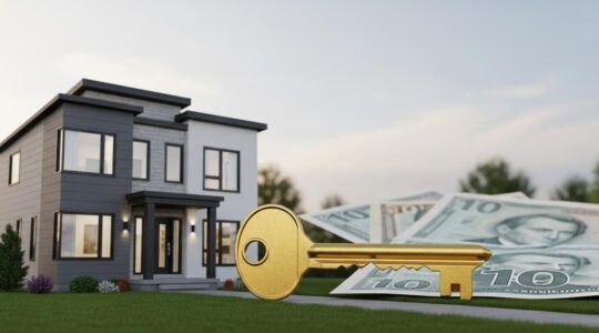 Maison québécoise moderne avec symbole de clé et billets de banque flou en arrière-plan