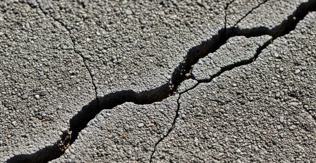 Gros plan hyperréaliste sur une fissure visible dans une fondation en béton