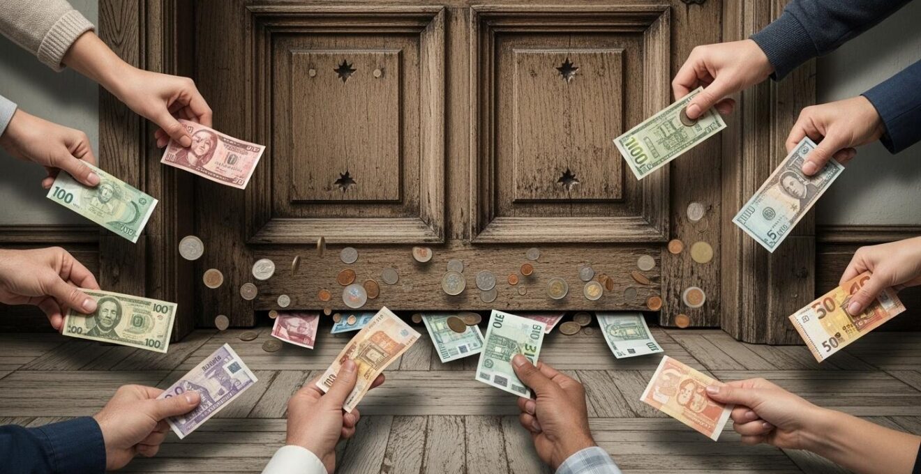 Metaphore de dépenses cachées : mains déposant des pièces sous une porte d'entrée stylisée
