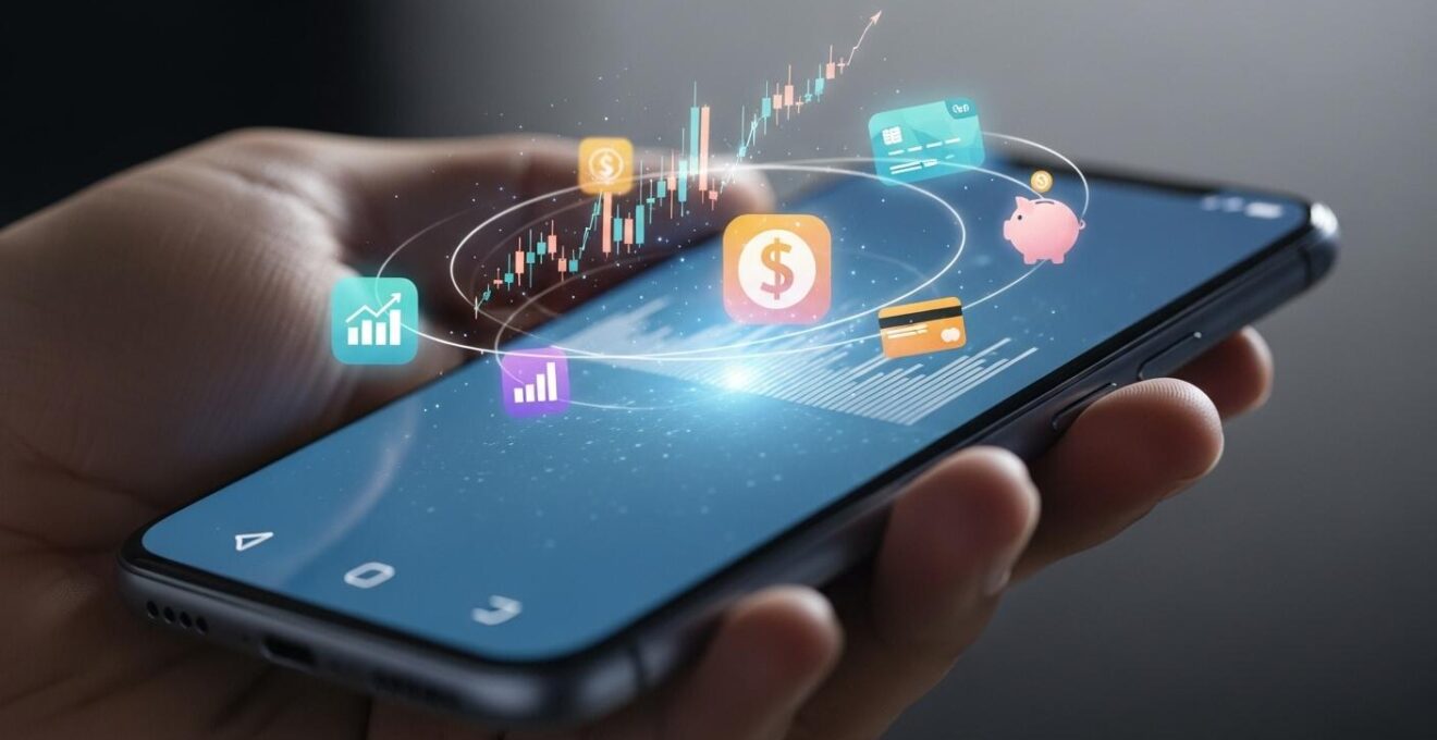 Illustration conceptuelle symbolique d'applications mobiles pour la gestion des finances en colocation
