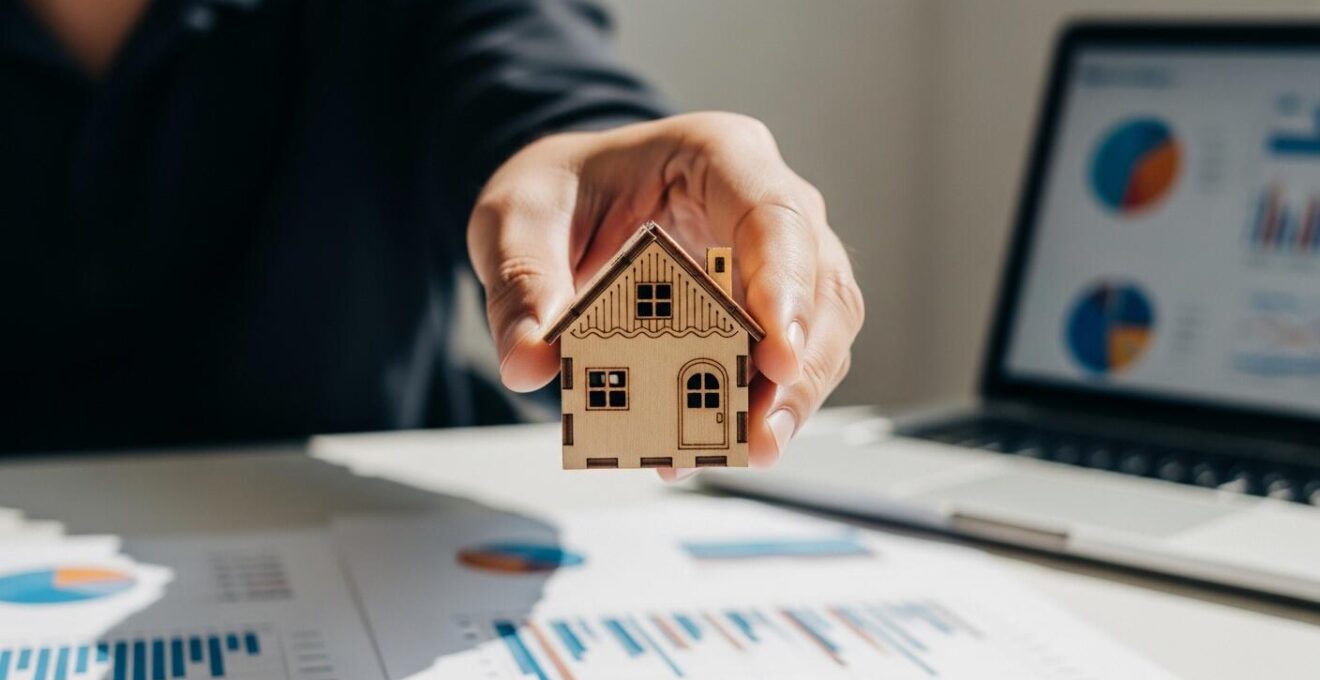 Photo symbolique d'une main tendant une maison miniature en bois avec un arrière-plan flou de documents financiers