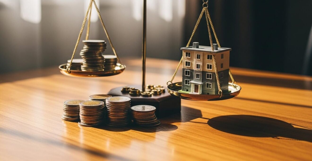 Photographie symbolique d’une balance de justice avec d’un côté des pièces de monnaie et de l’autre un petit immeuble