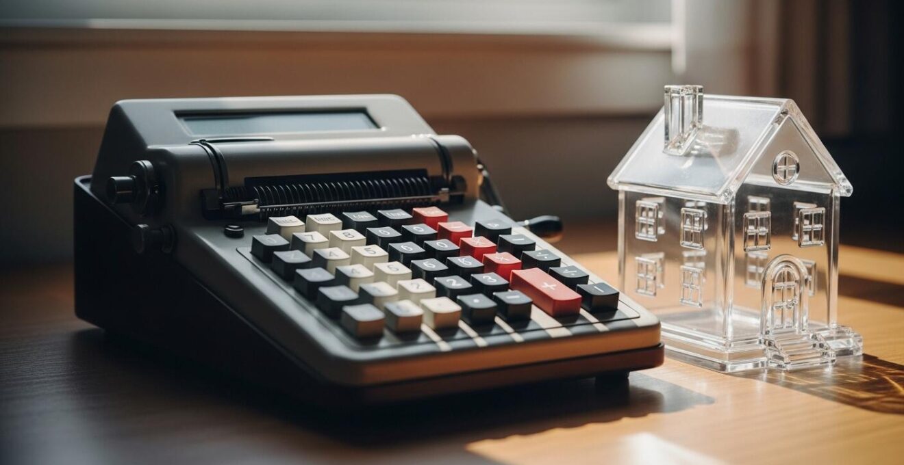 Infographie métaphorique d'une calculatrice et d'une maison miniature pour illustrer le calcul de la taxe de bienvenue