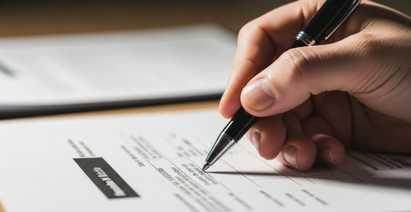 Photographie en gros plan d’une main tenant un stylo noir sur un bureau avec des documents officiels flous en arrière-plan