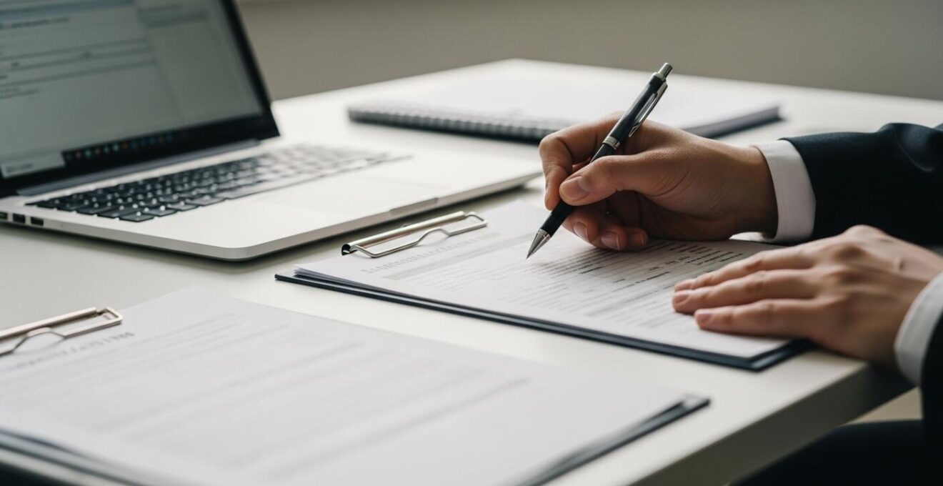 Détail d’un bureau de travail avec documents officiels, ordinateur portable et mains dans un geste de validation