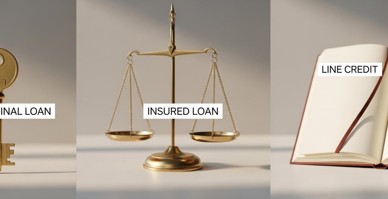 Illustration symbolique représentant différents types de prêts hypothécaires avec des icônes stylisées
