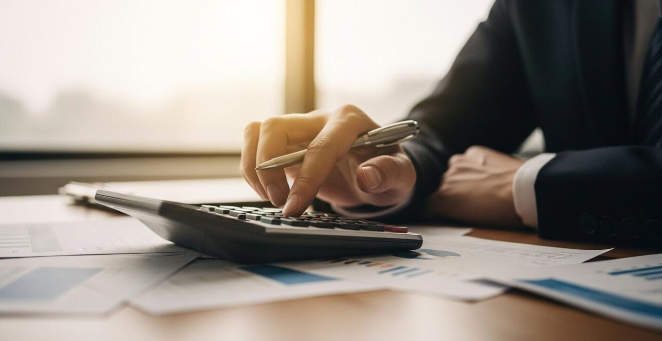 Une main utilisant une calculatrice avec des papiers de finances à côté symbolisant le calcul de la prime d'assurance prêt hypothécaire.
