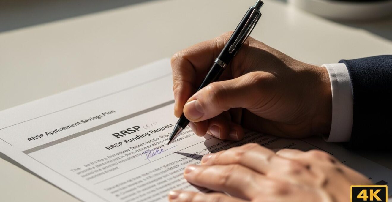 Photo réaliste d’une main tenant un stylo au-dessus d’un document financier sous lumière naturelle douce