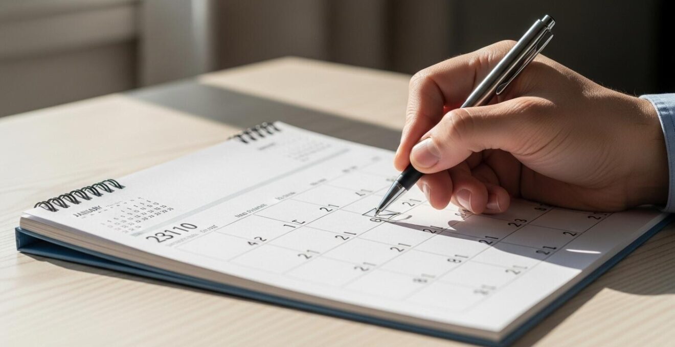 Photo environnementale d'un calendrier avec une main cochant une date importante symbolisant un paiement anticipé