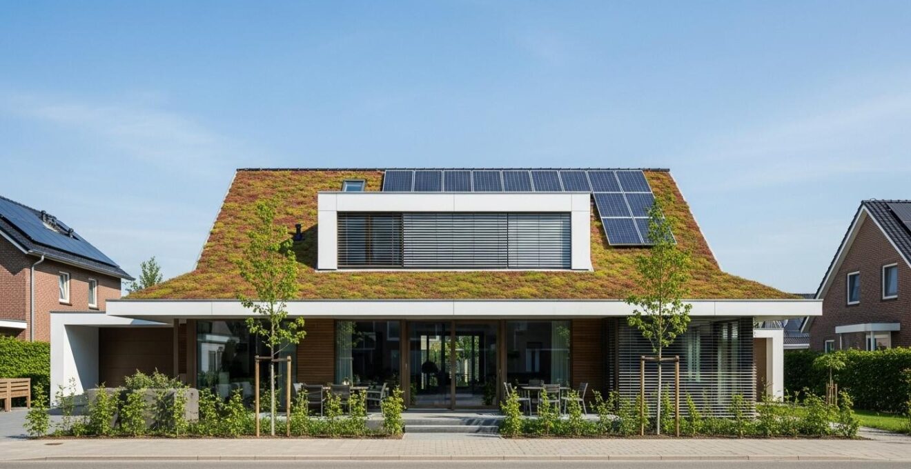 Maison moderne avec toiture végétalisée et panneaux solaires sous ciel clair, éclairage naturel