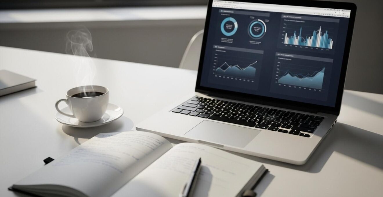 Table de travail avec ordinateur portable, carnet de notes ouvert et une tasse de café, symbolisant la vie professionnelle d'un travailleur autonome.