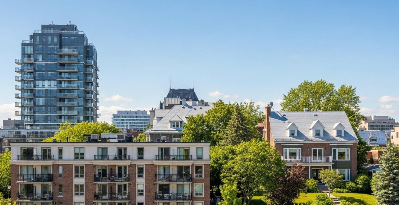 Vue panoramique de différentes habitations au Québec : maison, condo, plex dans un environnement urbain et naturel
