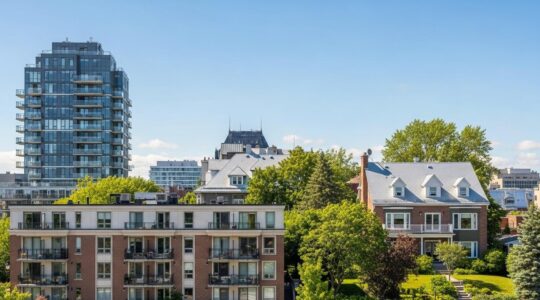 Vue panoramique de différentes habitations au Québec : maison, condo, plex dans un environnement urbain et naturel