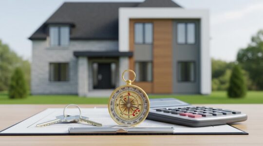 Vue panoramique d'une maison moderne au Québec avec des éléments symbolisant le financement immobilier