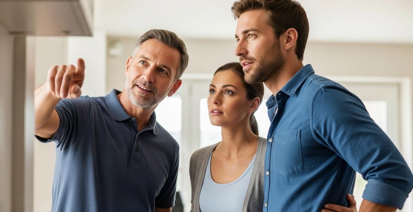 Inspecteur en bâtiment montrant un détail important à un couple d'acheteurs attentifs lors d'une inspection de maison