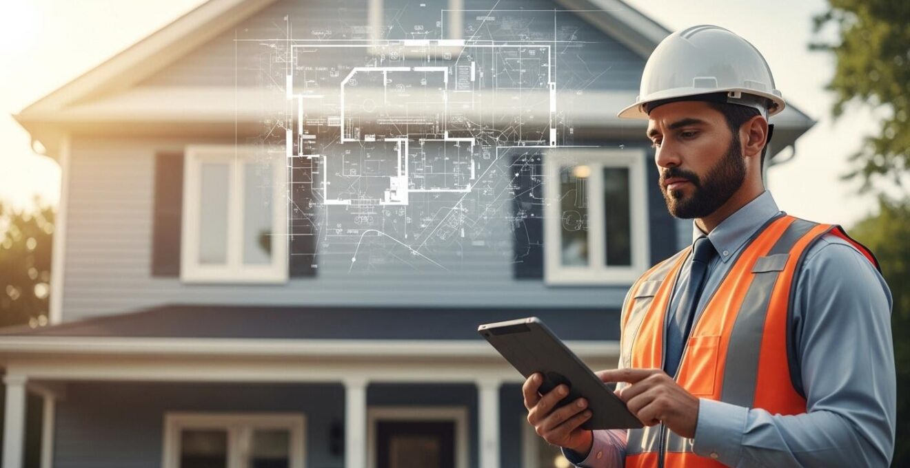 Vue réaliste d'une maison québécoise en cours d'inspection avec un inspecteur examinant attentivement la structure