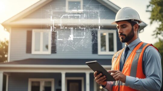 Vue réaliste d'une maison québécoise en cours d'inspection avec un inspecteur examinant attentivement la structure