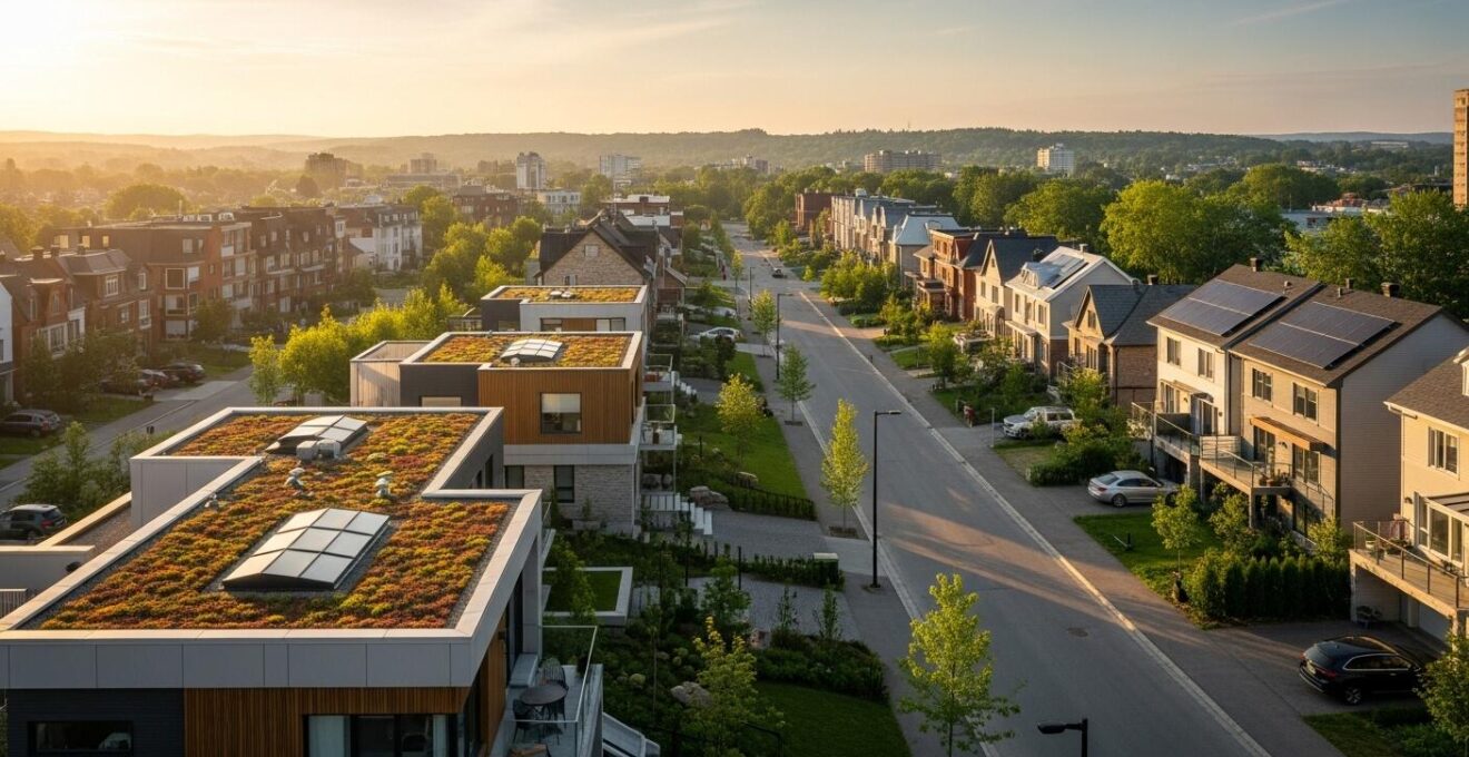 Vue panoramique d'un quartier résidentiel moderne au Québec intégrant des architectures écologiques, espaces verts et infrastructures durables.
