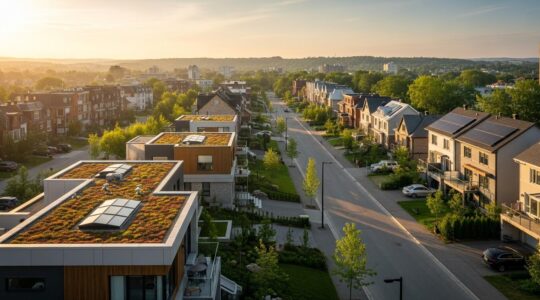 Vue panoramique d'un quartier résidentiel moderne au Québec intégrant des architectures écologiques, espaces verts et infrastructures durables.