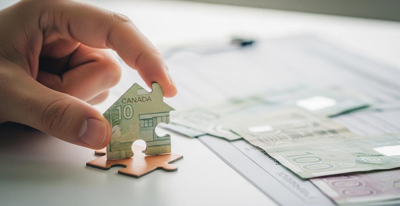 Une main posant une première pièce de puzzle en forme de maison sur un fond de billets de banque et de documents immobiliers floutés