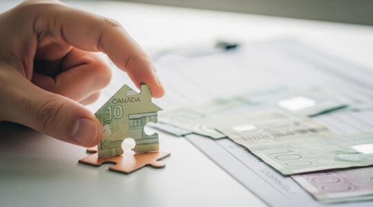 Une main posant une première pièce de puzzle en forme de maison sur un fond de billets de banque et de documents immobiliers floutés