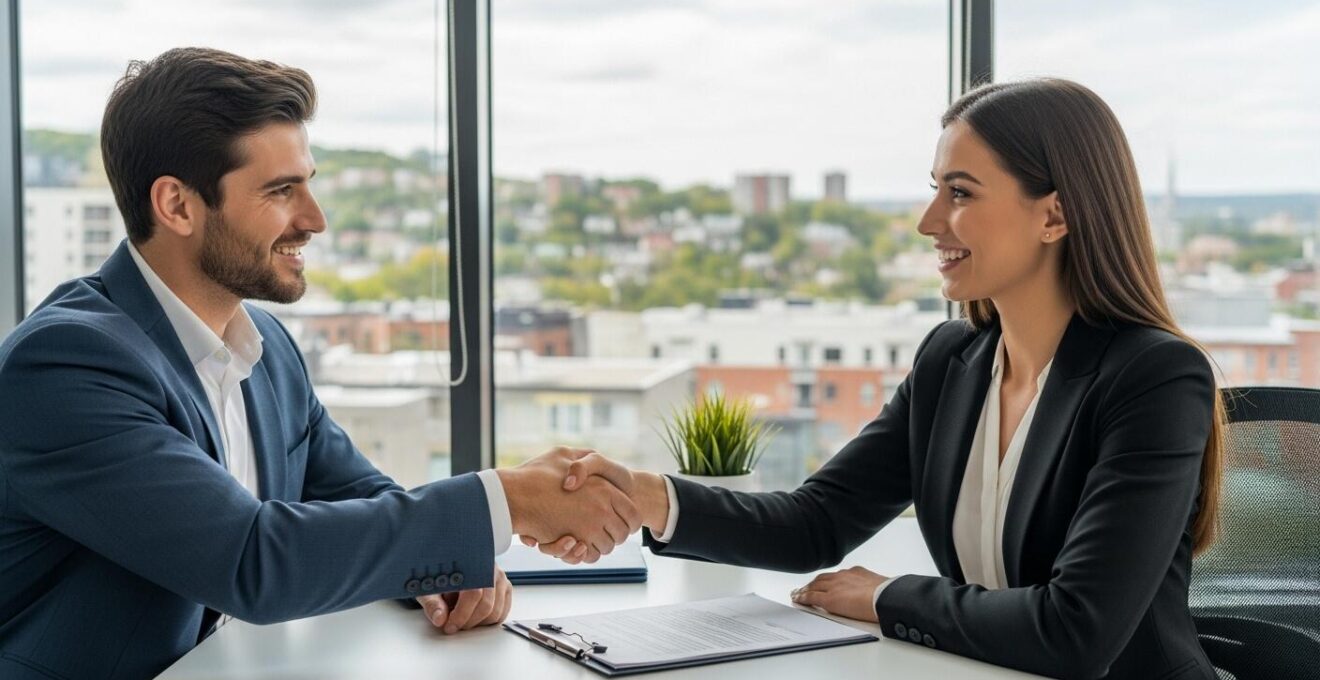 Personne négociant une offre immobilière avec confiance dans un décor urbain québécois