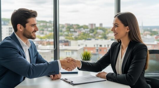 Personne négociant une offre immobilière avec confiance dans un décor urbain québécois