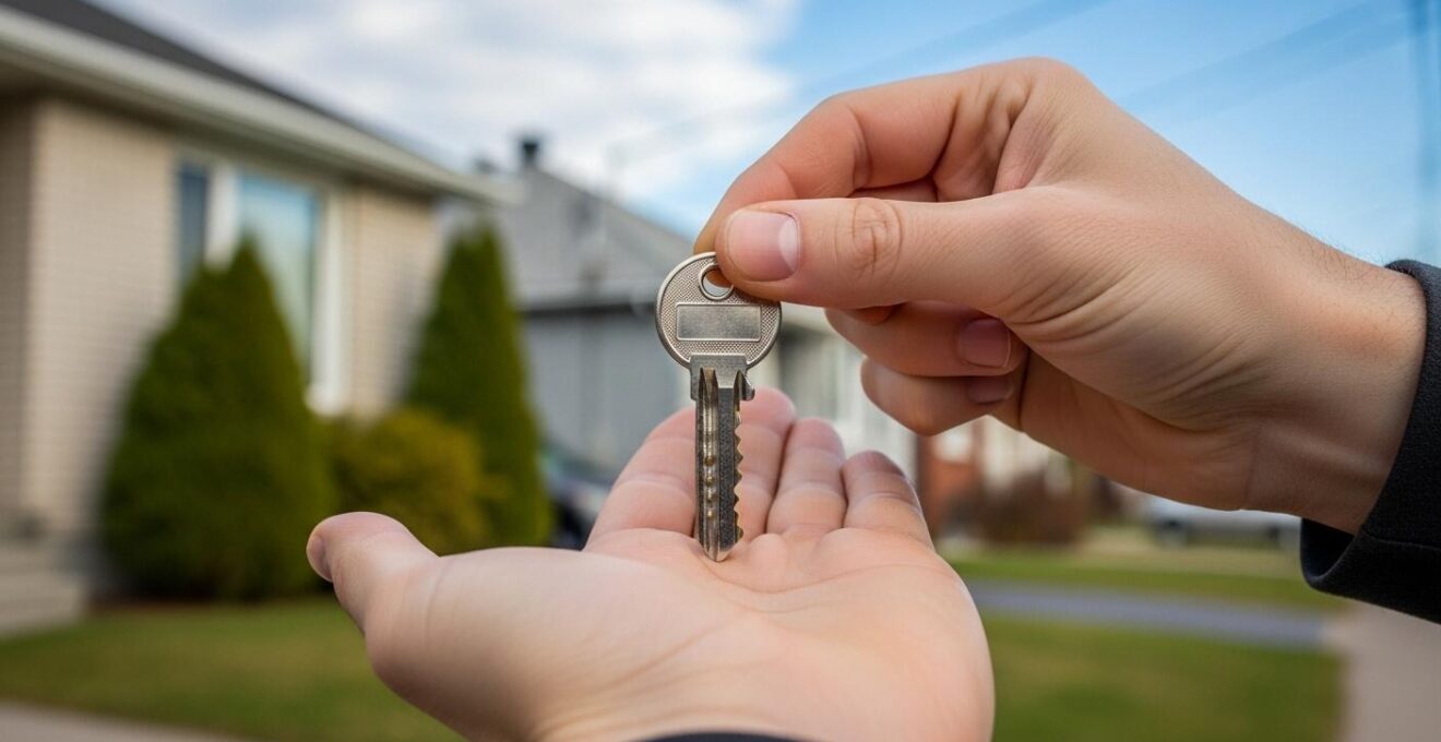 Photographie réaliste d'une main tendant une clé de maison, devant une maison résidentielle au Québec, symbolisant la réussite d'une offre d'achat