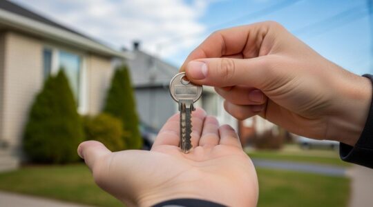 Photographie réaliste d'une main tendant une clé de maison, devant une maison résidentielle au Québec, symbolisant la réussite d'une offre d'achat