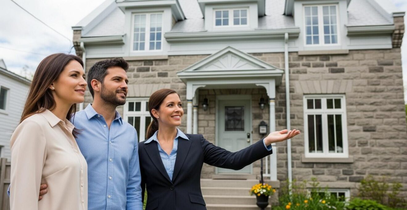 Scène réaliste d'un couple québécois souriant devant une maison typique du Québec avec un agent immobilier, symbolisant le parcours d'achat immobilier