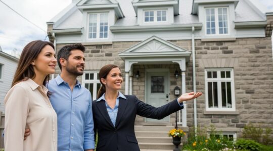 Scène réaliste d'un couple québécois souriant devant une maison typique du Québec avec un agent immobilier, symbolisant le parcours d'achat immobilier