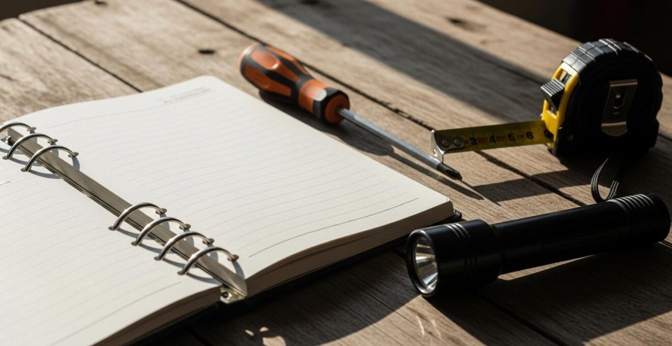 Photo d'un agenda ouvert avec des outils de maintenance domestique sur une table en bois