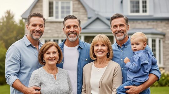 Famille heureuse devant une maison québécoise moderne sous un ciel clair, symbolisant un projet de vie immobilier