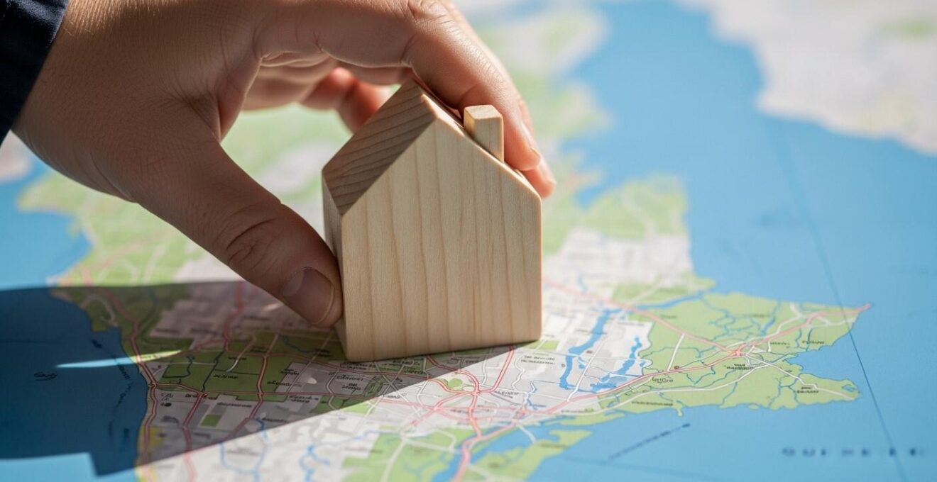 Main tenant une petite maison en bois posée sur une carte routière stylisée, plan large et lumière naturelle